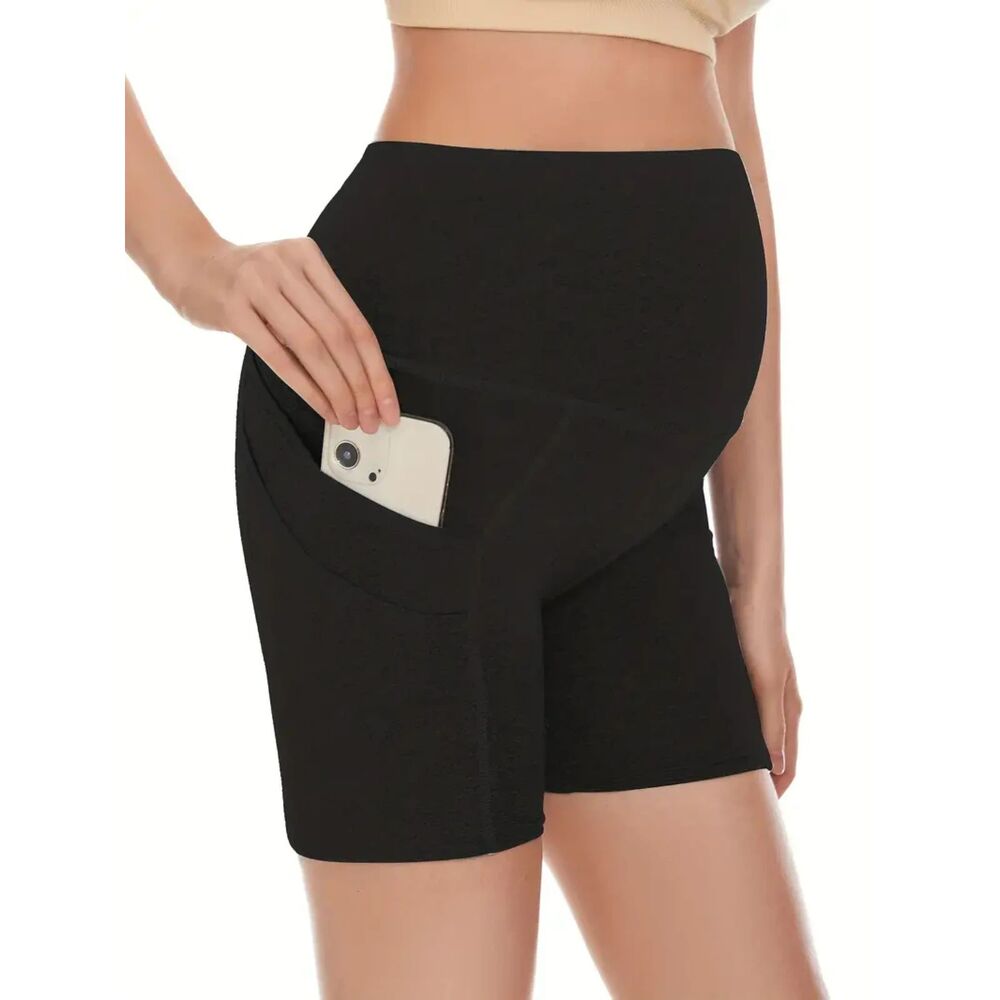 Maternity Solid High Waist Shorts Slim Fit Elastic Shorts Pregnant Black Medium
